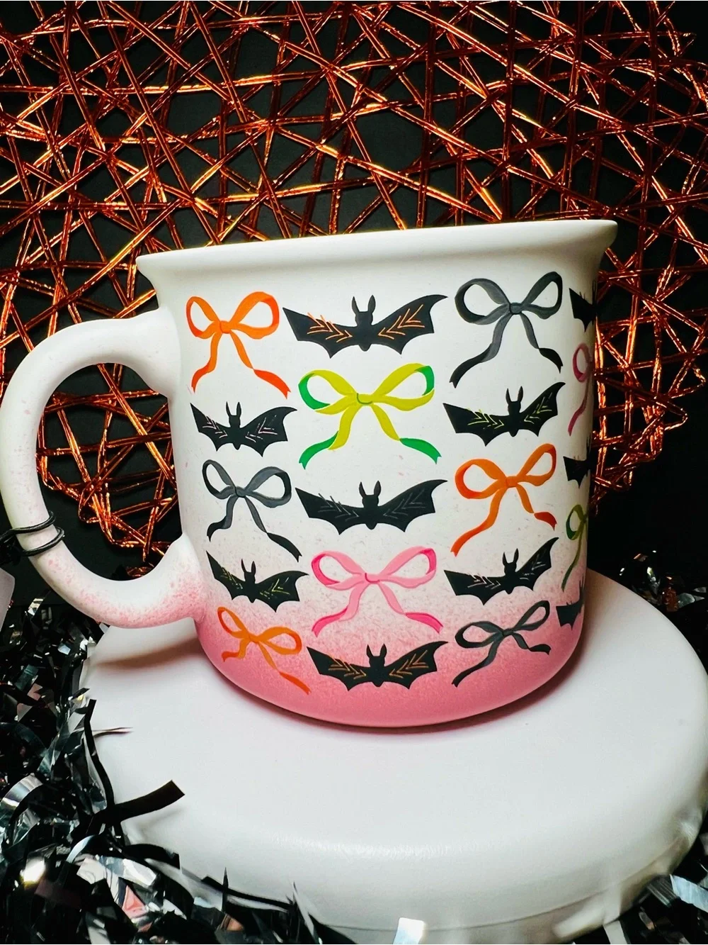 Halloween Pink Ombré Mug Ribbon Bows & Black Vampire Bats Stoneware